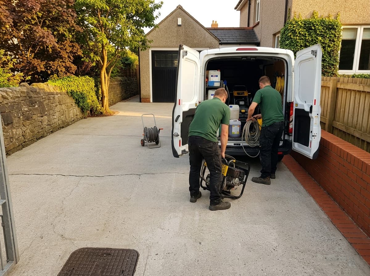 Two workers unloading a pressure washer from a work van